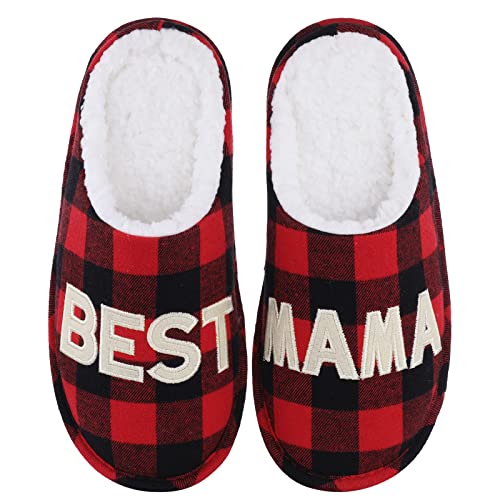shevalues Mothers Day Gifts from Daughter Son, Mama Quotes House Memory Foam Slippers Indoor Slippers for Mom from Daughter Son, Best MaMa Buffalo Plaid, L