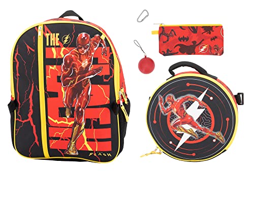 The Flash 5 Piece Backpack Set, Kids 16' Super Hero School Travel Bag with Front Zip Pocket, Red