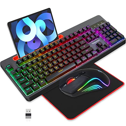 Snpurdiri Wireless Gaming Keyboard and Mouse Combo, True RGB Rechargeable Full Size Anti-ghosting Keyboard with Tablet/Phone Bracket, RGB Mouse,Long Battery Life for Gaming, Office