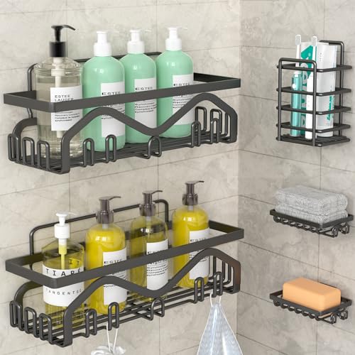 Coraje Shower Caddy, Shower Shelves [5-Pack], Adhesive Shower Organizer No Drilling, Large Capacity, Rustproof Stainless Steel Bathroom Shower Organizer, Shower Shelf for Inside Shower (Black)