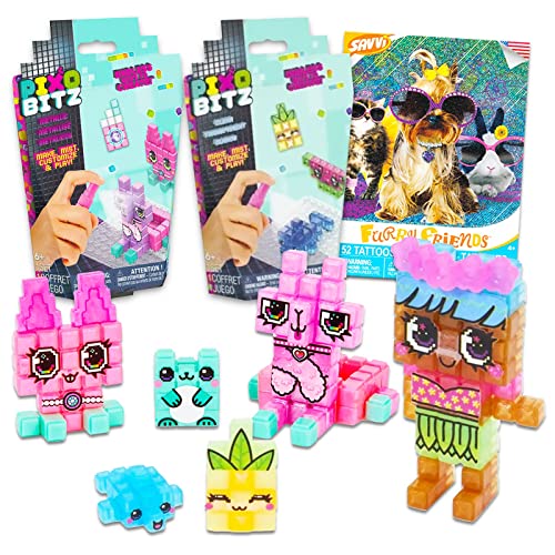 Game Party Pixobitz Studio Activity Kit - 2 Pack Bundle with Pixobitz Water Fused Beads with Furry Friends Tattoos | Pixobitz Metallic Pack with 300 Water Fuse Beads