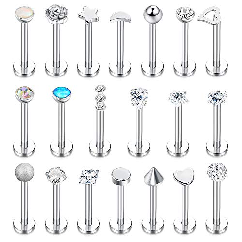 Subiceto 16G Stainless Steel Forward Helix Monroe Labret Lip Nose Studs for Men Women Tragus Cartilage Stud Earrings Cz Balls Heart Flower Medusa Piercings 20 Pcs