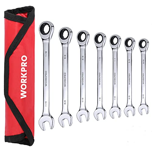 WORKPRO 7-Piece Ratcheting Combination Wrench Set, 72 Teeth, Combo Ratchet Wrenches Set with Roll Up Pouch, SAE 5/16'-11/16'