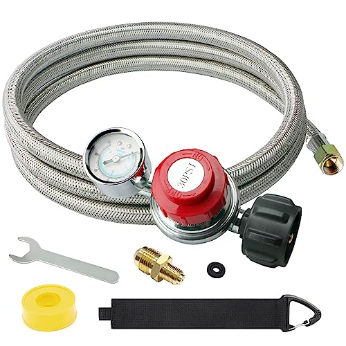 5FT 0-30 PSI Adjustable High Pressure Propane Regulator with Gauge 0~60PSI Gas Flow Indicator Stainless Propane QCC1 Hose with 3/8 Flare x 1/8 MNPT Fits for LP Gas Cooker, Burner, Turkey Fryer, Smoker