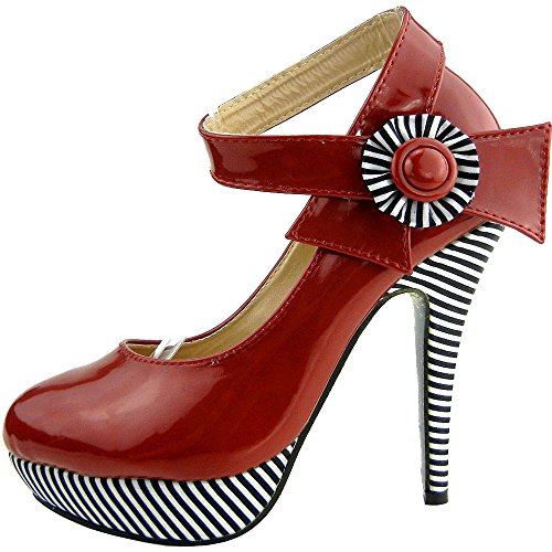 SHOW STORY Wine Red Flower Ankle Strap Stripe Stiletto High Heel Platform Pumps,LF30404RD38,7US,Red