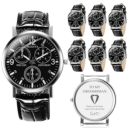 Inbagi 6 Pcs Groomsman Watches Gift Chronograph Men's Watches Quartz Watch Leather Strap Wedding Supplies with Gift Box for Boys Dress