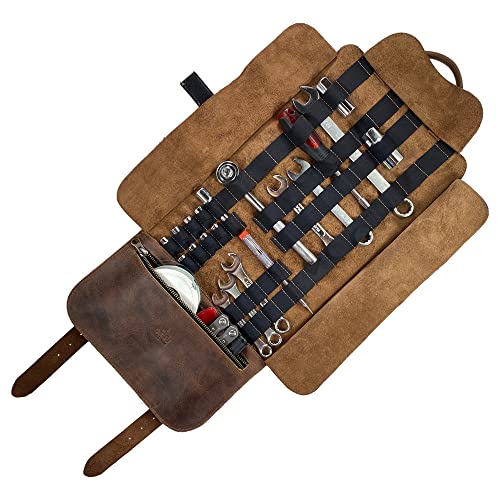 Hide & Ride, Motorcycle Tool Roll Bag, Motorbike Saddlebag, Wrench Organizer for Commuters, Storage Accessory Pouch, Full Grain Leather, Handmade Biker Essentials, Bourbon Brown