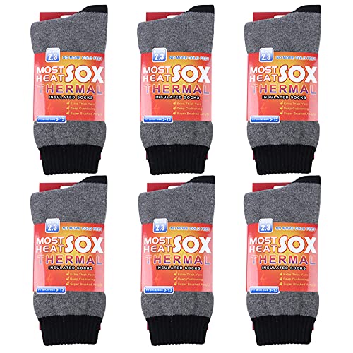 Loritta 6 Pack Warm Cold Weather Insulated Thermal Socks, US Shoe Size 7-12,Grey Black