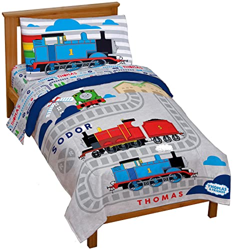 Jay Franco Thomas & Friends Rail Run 4 Piece Toddler Bed Set - Includes Comforter & Sheet Set Bedding - Super Soft Fade Resistant Microfiber (Official Mattel Product)