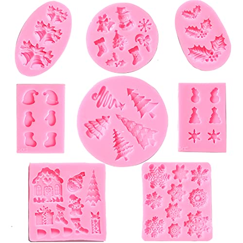 Christmas Fondant Molds Set, Christmas theme Silicone Chocolate Candy Mold for Cake Cupcake Polymer Clay Crafting Project -Christmas tree, Holly Leaves, snowflakes, bells, etc. (8 pack)