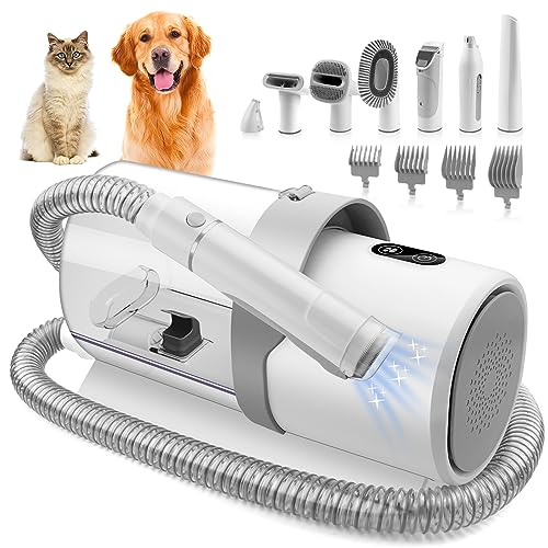 YikTOL Dog Grooming Kit for Pet Including 4 Hair Clipper Combs 2.5L Vacuum Cleaner and 7 Pet Grooming Tools for Shedding, Low Noise 300W for Home Cleanning, MAS-503-PLUS-US, White-gray