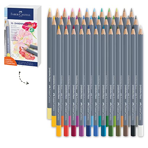 Faber-Castell Goldfaber Aqua Watercolor Pencils Gift Set - 36 Count, 12 Pastel and 24 Standard Colors, Water Coloring Pencils for Adults