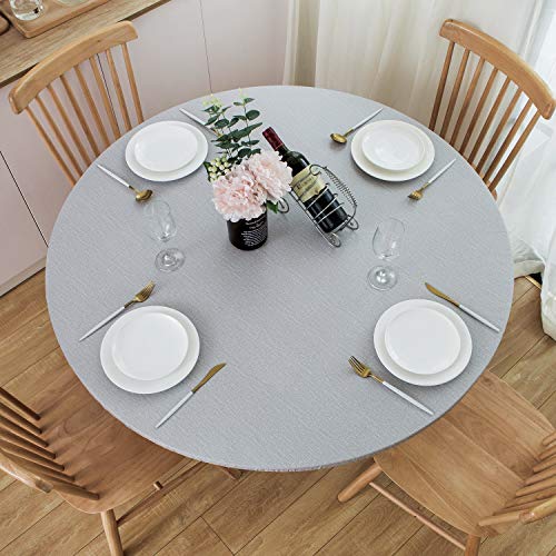 NLMUVW Vinyl Round Tablecloth Fitted with Elastic Edge Flannel Back 100% Waterproof PVC Table Cloth Wipe Clean Table Cover for Camping Outdoor, Light Grey, 40'- 44'