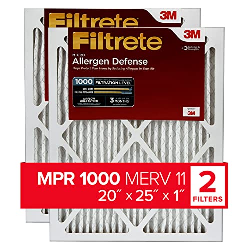 Filtrete 20x25x1 AC Furnace Air Filter, MERV 11, MPR 1000, Micro Allergen Defense, 3-Month Pleated 1-Inch Electrostatic Air Cleaning Filter, 2 Pack (Actual Size 19.688 x 24.688 x 0.84 in)