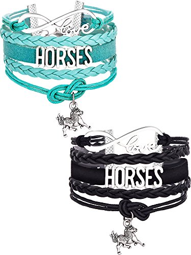 Mtlee 2 Pieces Horse Bracelet Bangle Handmade Leather Love Horse Charm Bracelet with Gift Box (Black and Blue)