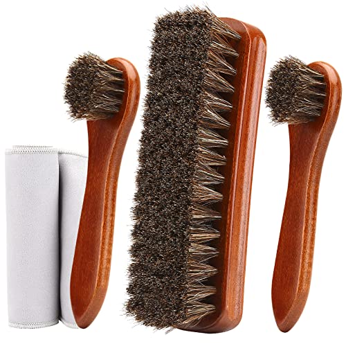 Unekez 4-Piece Horsehair Shoe Brush Shine Kit, Shoe Polish Kit, Leather Shoes Boot Cleaning Brush Care Clean Dauber Applicators, Brown Gray (DP-017)