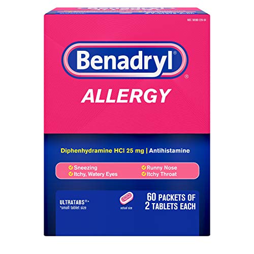Benadryl Ultratabs Go Packs, Antihistamine Allergy Medicine Tablets with Diphenhydramine HCl, Convenient for Travel & On-The-Go Cold & Allergy Relief, 60 Packets of 2 Tablets