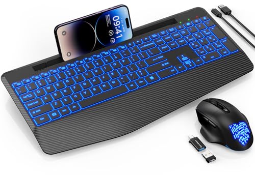Choiana Keyboard and Mouse Wireless Backlits with 7 Changeable Backlits Color, Jiggler Mouse, Wrist Rest, Phone Holder, Ergonomic Quiet Rechargeable Wireless Keyboard and Mouse Combo for PC Laptop Mac