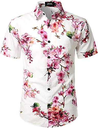 JOGAL Men's Flower Casual Button Down Short Sleeve Hawaiian Shirt White Pink Large