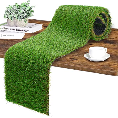 GLOBREEN Artificial Grass Easter Table Runner, Greenery Faux Plant Table Decor Party, Wedding, Birthday, Dining, Baby Shower, 12' x 36'