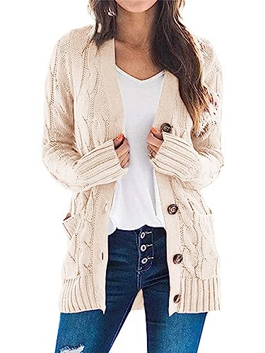 PRETTYGARDEN Women's Open Front Cardigan Sweaters Fashion Button Down Cable Knit Chunky Outwear Coats (Beige,Small)