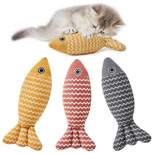 Potaroma Cat Toys Fish, 3 Pcs Crinkle Sound Catnip Toys Soft Linen, Interactive Kitten Exercise Kicker Toys for Indoor Cats 7.8 Inches for All Breeds