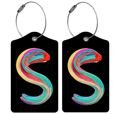 2 Pack Initial Luggage Tag for Suitcase, Colored Letter Unique Leather Bag Tags Identifiers Privacy Cover ID Label with Durable Steel Loop for Women Men Kids Girls Travel, Letter S