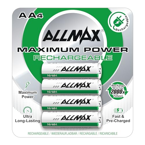 Allmax AA Maximum Power Rechargeable NiMH Double A Batteries (4 Count) – Ultra Long-Lasting, Recharge up to 2,000 Times, Pre-Charged, Trusted Performance – 1.2V