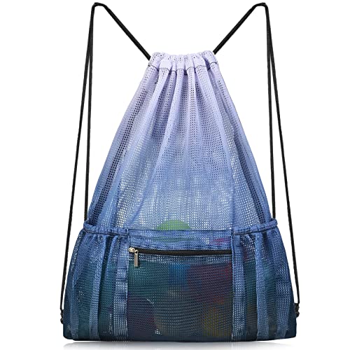 Nidoul Mesh Drawstring Bag with Zipper Pocket, Beach Bag for Swimming Gear Backpack Gym Storage Bag for Adult Kids (Grey)