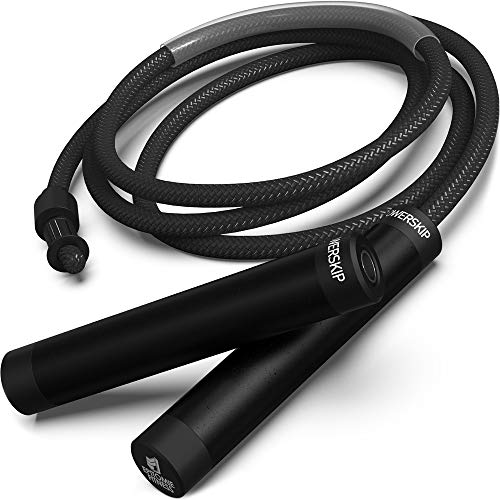 PowerSkip PII Heavy Jump Rope - Weighted Jump Rope + Steel Handles, 360° Spin, Adjustable Cable, Travel Bag & Jump Rope Workout Program (BLACK)