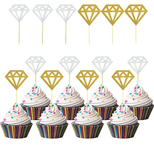 60 Pack Glitter Diamond Cupcake Toppers for Bridal Shower Engagement Wedding Party Birthday Diamond Ring Topper for Donuts Diamond Donut Picks Cake Decorations Dessert Supplies (Silver + Gold)