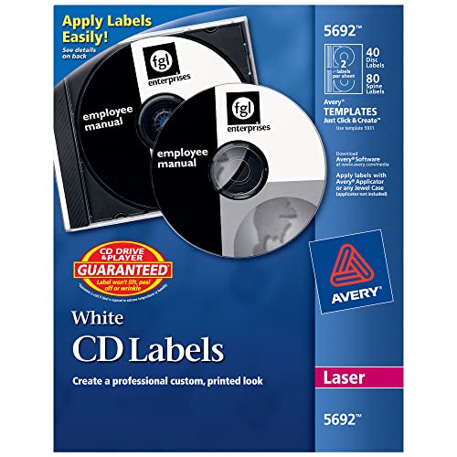 Avery CD Labels, Print to The Edge, Permanent Adhesive, 40 Disc Labels and 80 Spine Labels (5692)