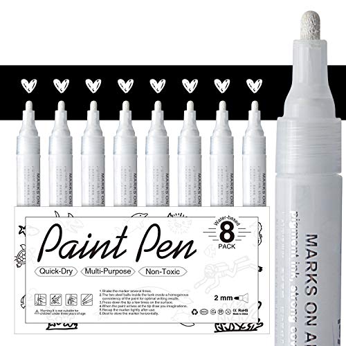 AKARUED White Paint Pen for Art - 8 Pack Acrylic White Paint Marker for Black Paper, Rock, Stone, Wood, Canvas, Glass, Metal, Metallic, Ceramic, Graffiti, Drawing, Water-Based Paint Markers Sets