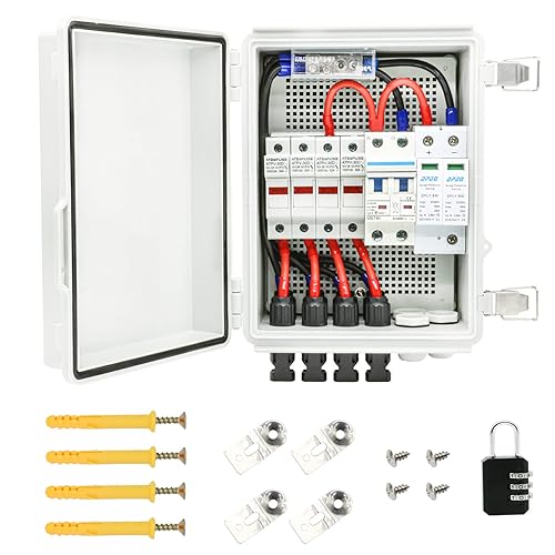 4 String Solar Combiner Box, IP65 Waterproof PV Combiner Box for On/Off Grid Solar System,with Lightning Arrester, 15A Rated Current Fuse & 63A Circuit Breaker(Plastic Box)