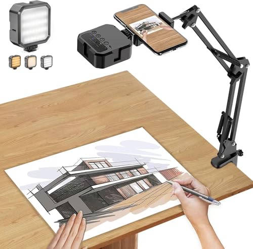 Overhead Phone Mount, Articulating Arm Cell Phone Holder with LED Light, Flexible Phone Stand for Live Streaming,Video Recording,Drawing,Cooking