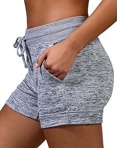 90 Degree By Reflex Soft and Comfy Activewear Lounge Shorts with Pockets and Drawstring for Women - Heather Grey - Medium