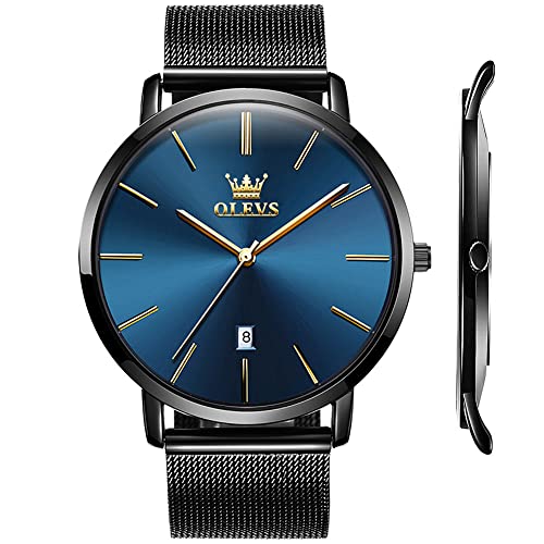 OLEVS Men Watches Blue Minimalist Ultra Thin 6.5mm Fashion Casual Analog Quartz Date Waterproof Dress Wrist Watches for Male Mesh Strap
