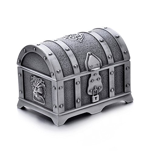 AVESON Rectangle Vintage Metal Treasure Chest Trinket Jewelry Box Gift Box Ring Case for Girls Ladies Women, Small, Tin Color