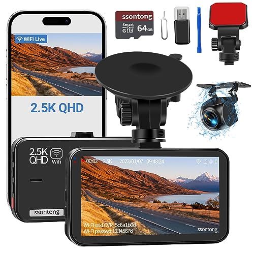 Dash Cam Front and Rear, Dash Camera for Cars WiFi/APP Control Dual Dashcam W/ 64GB Card, 2.5K Dash Cam Front+1080P Rear Car Camera W/Super Night Vision, Loop Recording, G-Sensor, Max Support 256GB