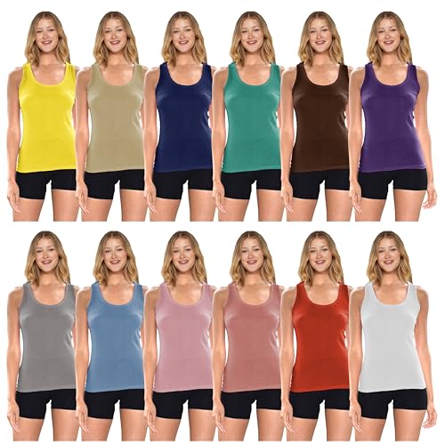 Sexy Basics Tank Tops for Women, 6 Pack & 12 Pack Cotton -Flex Tank Tops (12 Pack- Wow Solids, 2XL)
