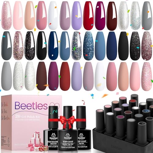 beetles Gel Polish Nail Set 20 Colors Modern Muse Collection Nude Gray Pink Blue Glitter Manicure Starter Kit with 3 Pcs Base Matte and Glossy Top Coat Soak off Uv Lamp Gel for Women Christmas Gift