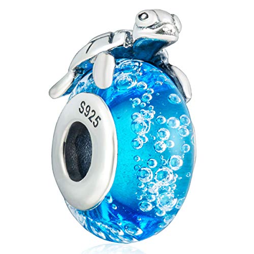 Sea Turtle Charms, on a Blue Bubble Murano Glass Beads, Fit Pandora Ocean Bracelets-925 Sterling Silver Tropical Marine Life Charm Hawaii Vacation Summer Travel