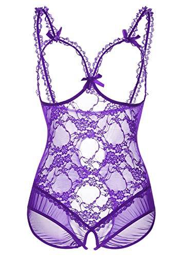 ALLureLove Womens Plus Size Lingerie Sexy Open Cup Crotchless One-Piece Teddy Purple,XXX-Large (fits like US XX-Large)