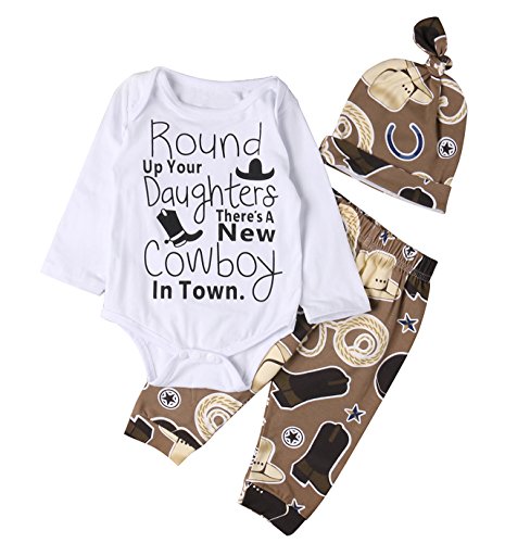 Lily.Pie Newborn Baby Boys Funny Bodysuits with Leggings Caps 3pcs Outfit Clothes (3-6M, Brown)