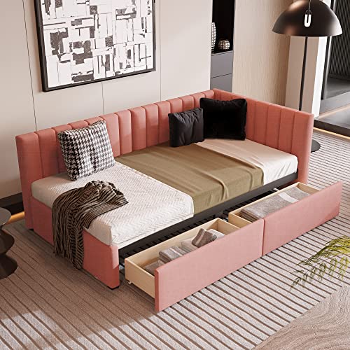 Merax Upholstered Daybed with 2 Storage Drawers, Twin Size Sofa Bed Frame, No Box Spring Needed, Linen Fabric, Pink
