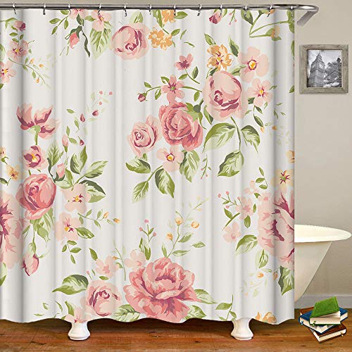 Shocur Watercolor Vintage Floral Shower Curtain, Blush Pink Peach Rose Blossom, 72 x 72 Inches Polyester Fabric Bathroom Decor Set with 12 Hooks