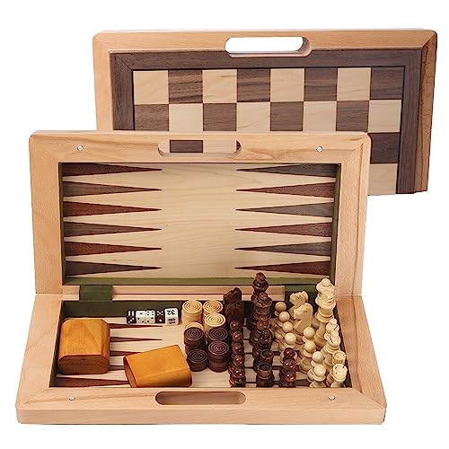GSE 16' Deluxe 3-in-1 Wooden Folding Chess, Checker and Backgammon Board Game Combo Set, Portable Travel Chess Checker Backgammon Set for Kids & Adults