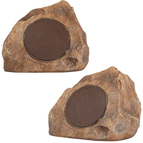 Homewell Outdoor Rock Speaker Solar-Powered Wireless Bluetooth 5.0 Portable Speaker Weatherproof for Patio, Pool, Deck, Yard, Garden and Home (2-Pack, Brown)