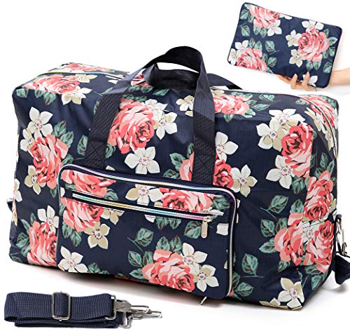 Foldable Travel Duffle Bag for Women Girls Large Cute Floral Weekender Overnight Carry On Bag for Kids Checked Luggage Bag (A-Pink Rose)