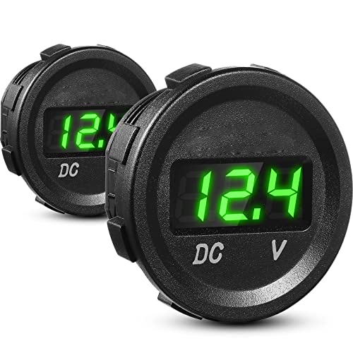 2 Pieces Direct Current 12V Car Voltage Gauge LED Display Waterproof Voltmeter Digital Round Panel Voltmeter Compatible with Vehicle Motorcycle Truck Camper ATV UTV Car Boat Marine (Green Digital)